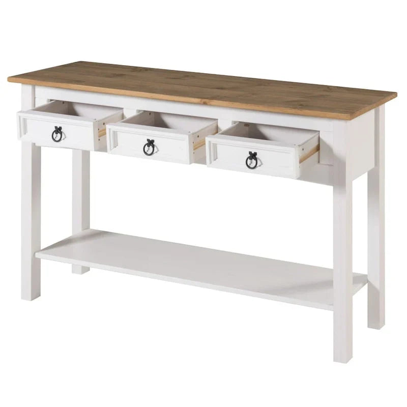 Mesa Consola de Pasillo Rústica de Pino Macizo, Blanqueado / Marrón Antiguo / Lavado Gris / Sin Pintar, 3 Cajones