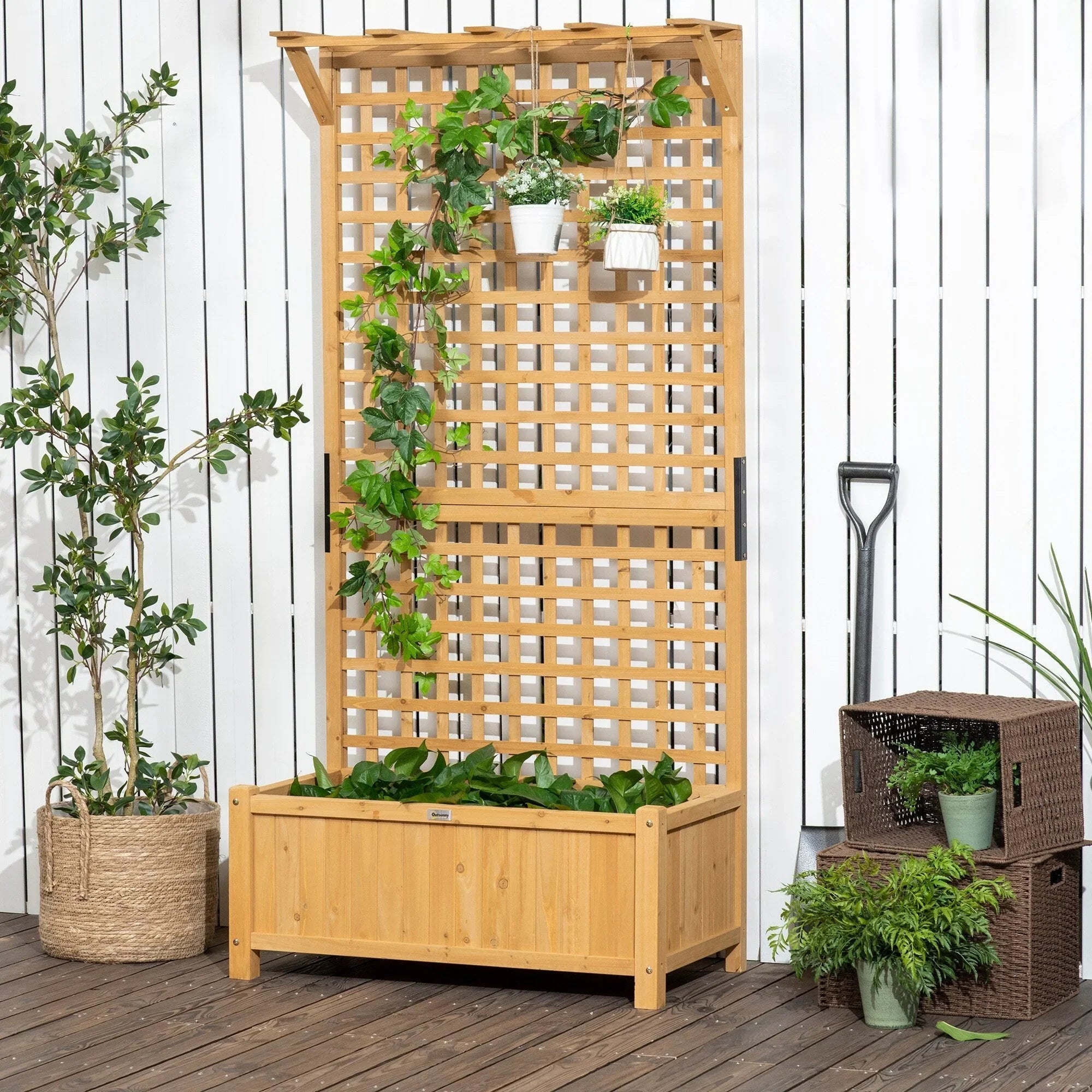 Macetero de madera con celosía, cama de jardín elevada para plantas trepadoras con orificios de drenaje y techo