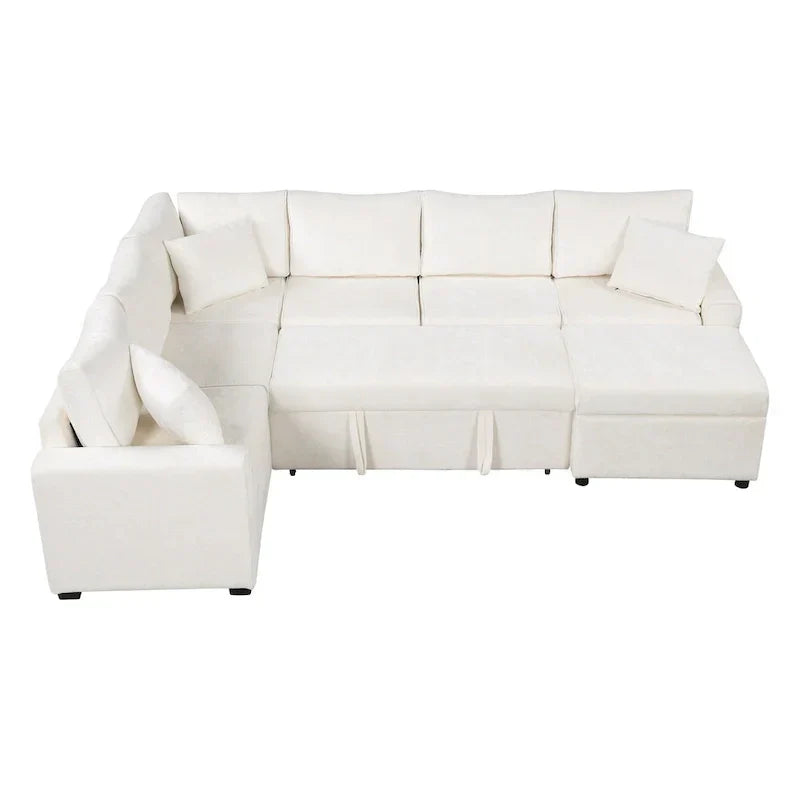 Sofá seccional de chenilla con sofá cama extraíble, sofá cama en forma de L con otomana de almacenamiento, 3 almohadas y dispositivos de carga
