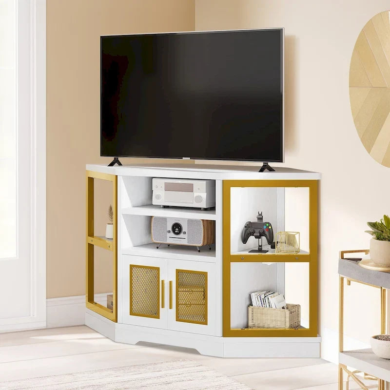 Mueble esquinero para TV estilo rústico, centro de entretenimiento y consola multimedia para televisores de hasta 55 pulgadas con toma de corriente
