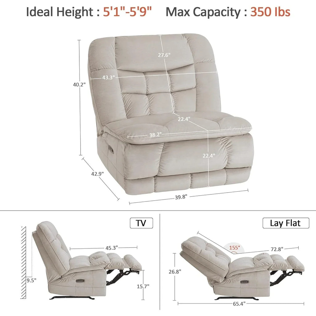 MCombo Sillón reclinable de balanceo eléctrico sin brazos con doble motor de gran tamaño, reclinable sin brazos, perfecto para sala de estar, tela PR607