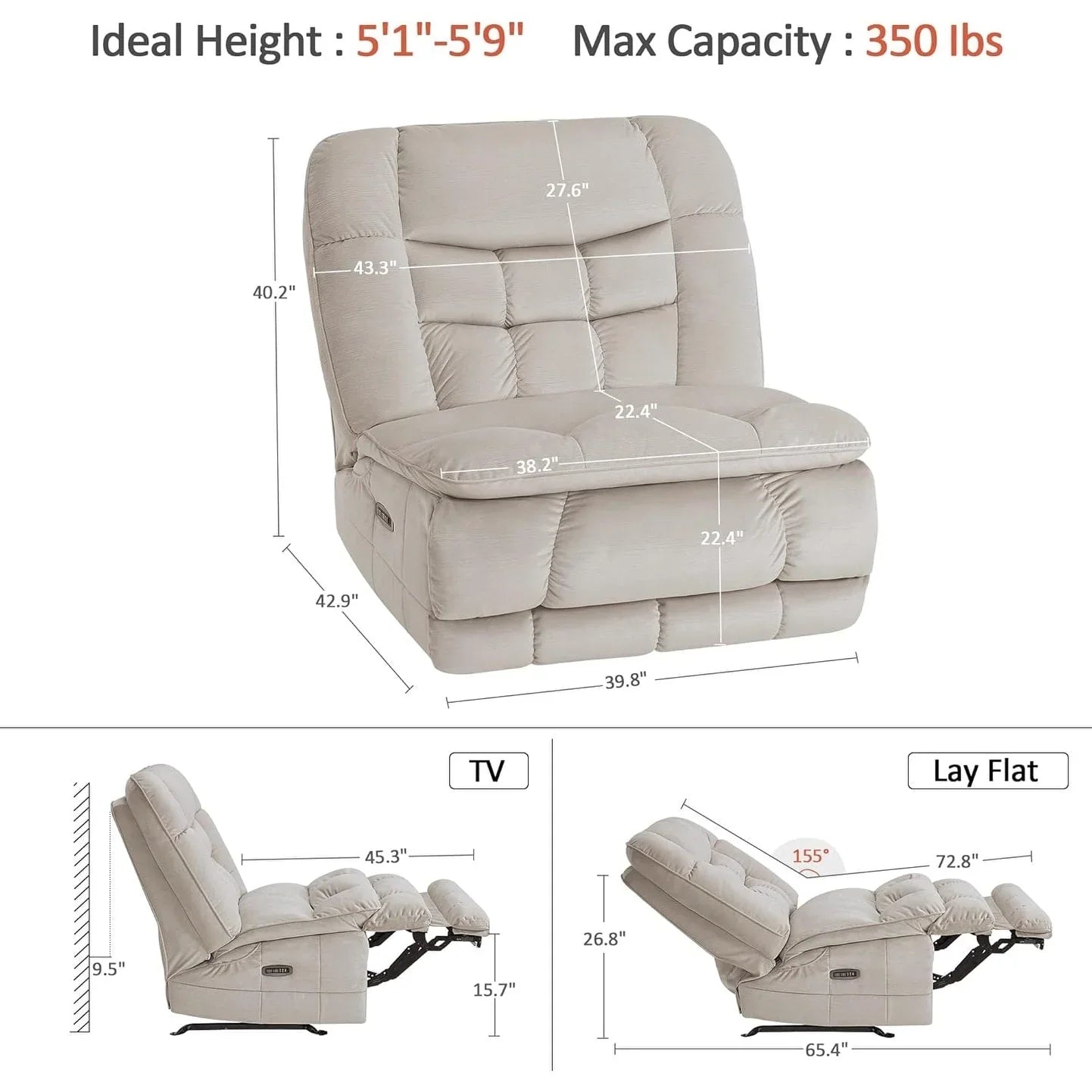 MCombo Sillón reclinable de balanceo eléctrico sin brazos con doble motor de gran tamaño, reclinable sin brazos, perfecto para sala de estar, tela PR607