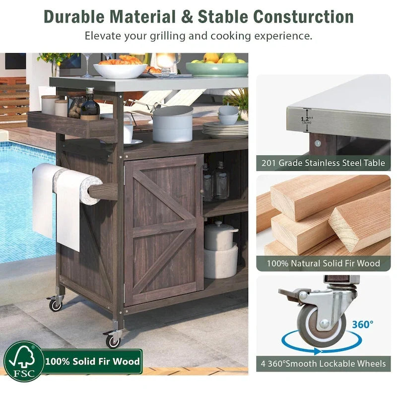 Isla de cocina exterior, carrito de bar con ruedas y armario de almacenamiento, mesa de parrilla de madera maciza con parte superior de acero inoxidable, especiero, toallero