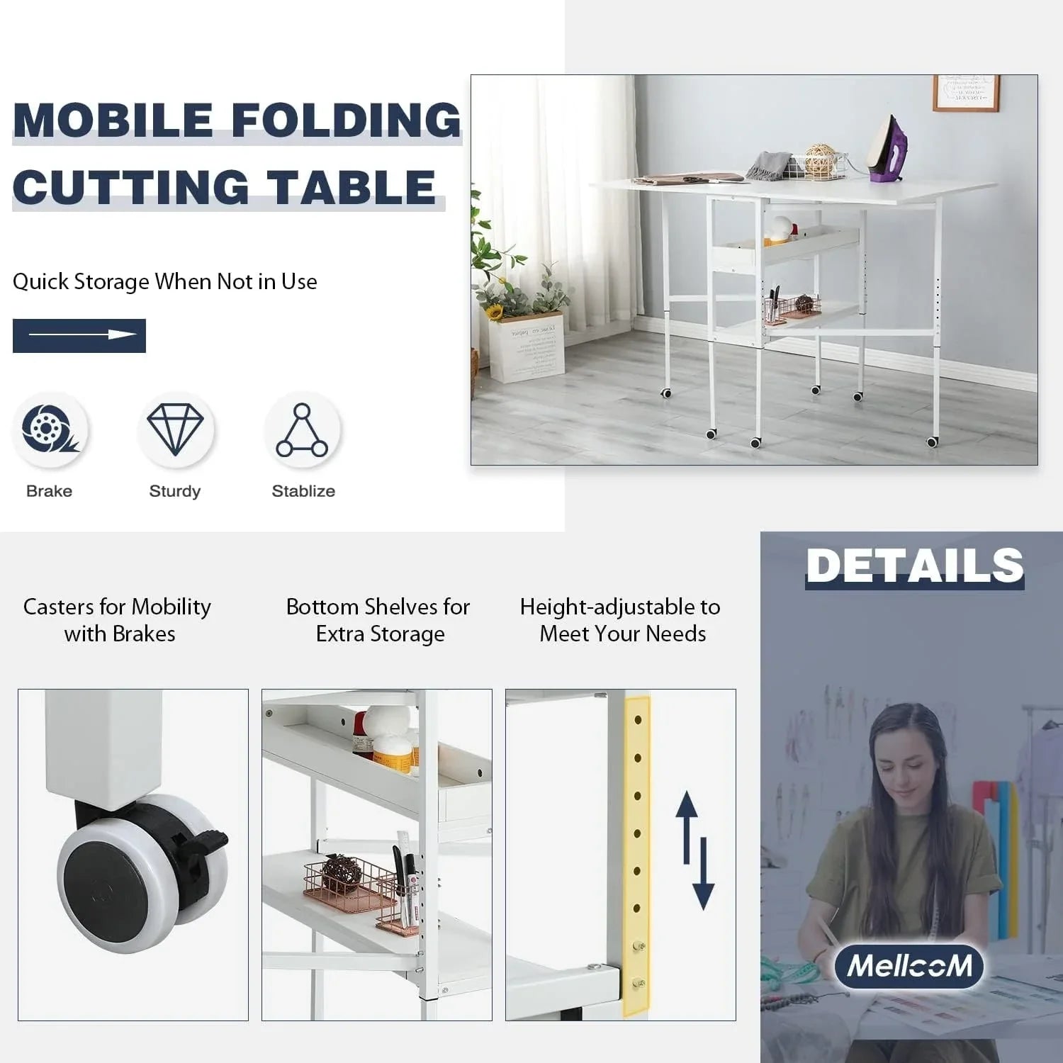 Mesa de manualidades ajustable en altura con estantes de almacenamiento, mesa de corte plegable móvil para oficina en casa, sala de costura, sala de manualidades