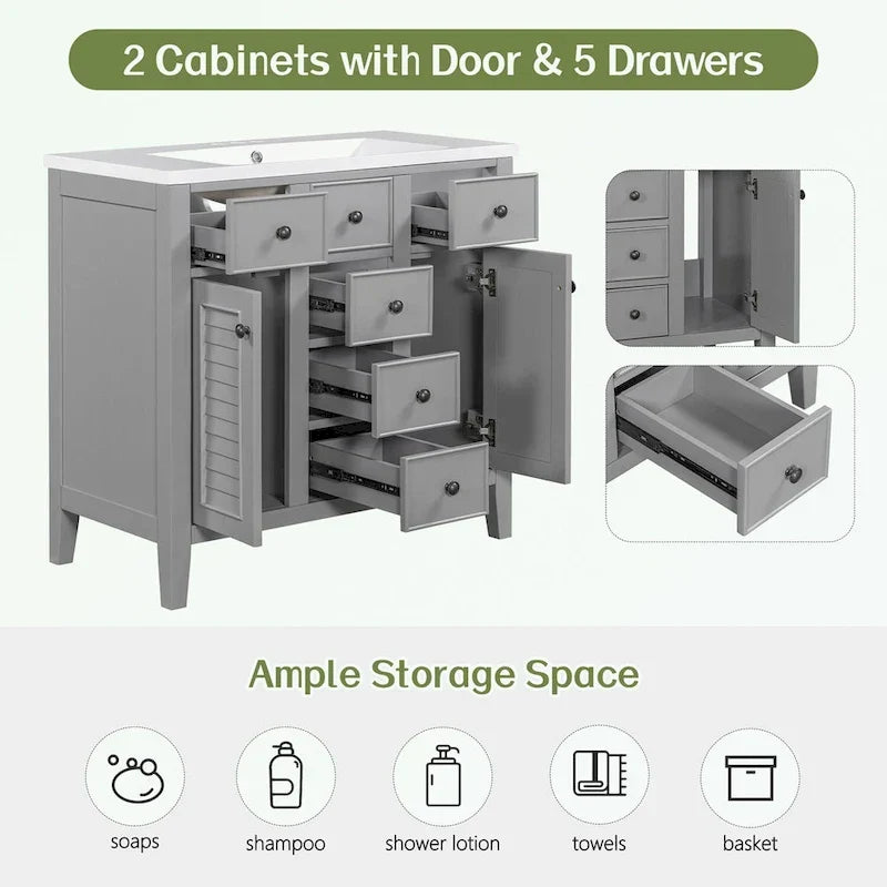 Mueble de baño con lavabo cerámico, dos armarios y cinco cajones