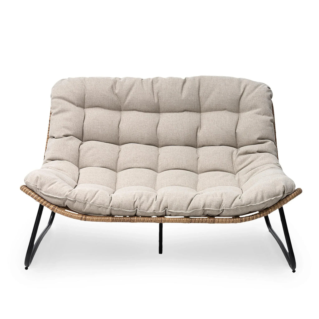 Sofá biplaza doble Papasan con cojín, ratán PE para todo tipo de clima y estructura metálica para interior/exterior