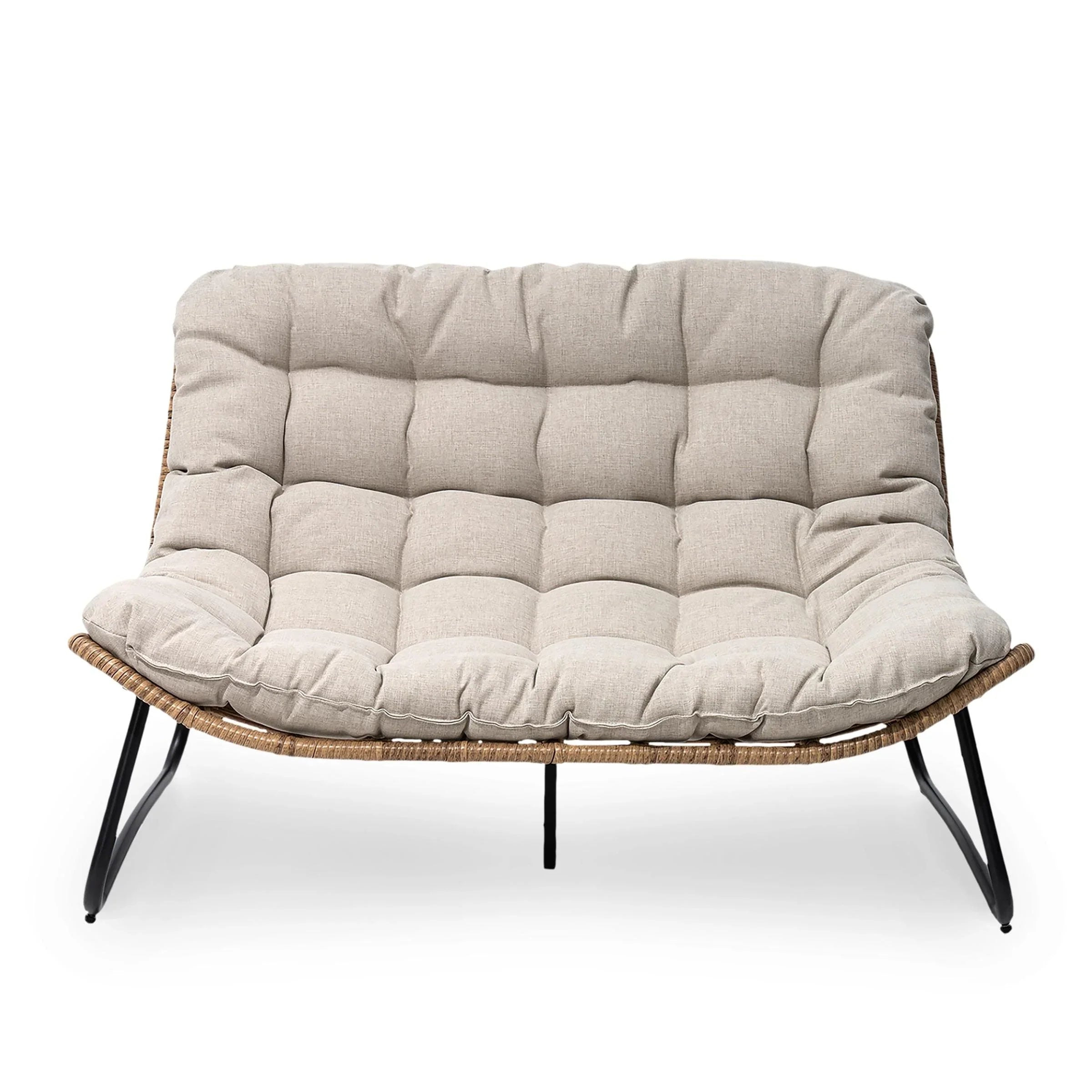 Sofá biplaza doble Papasan con cojín, ratán PE para todo tipo de clima y estructura metálica para interior/exterior