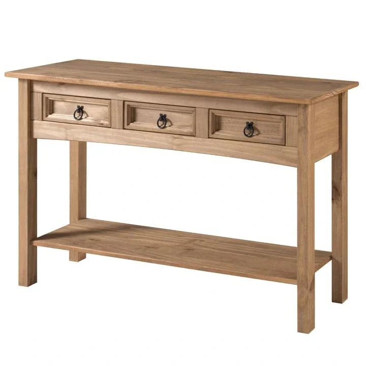 Mesa Consola de Pasillo Rústica de Pino Macizo, Blanqueado / Marrón Antiguo / Lavado Gris / Sin Pintar, 3 Cajones