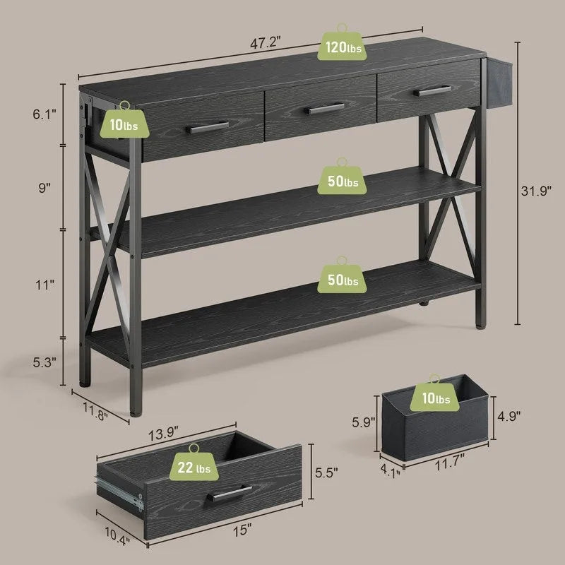 Mesa Consola con 3 Cajones, Mesa Sofá de Entrada con Estantes de Almacenamiento de 3 Niveles