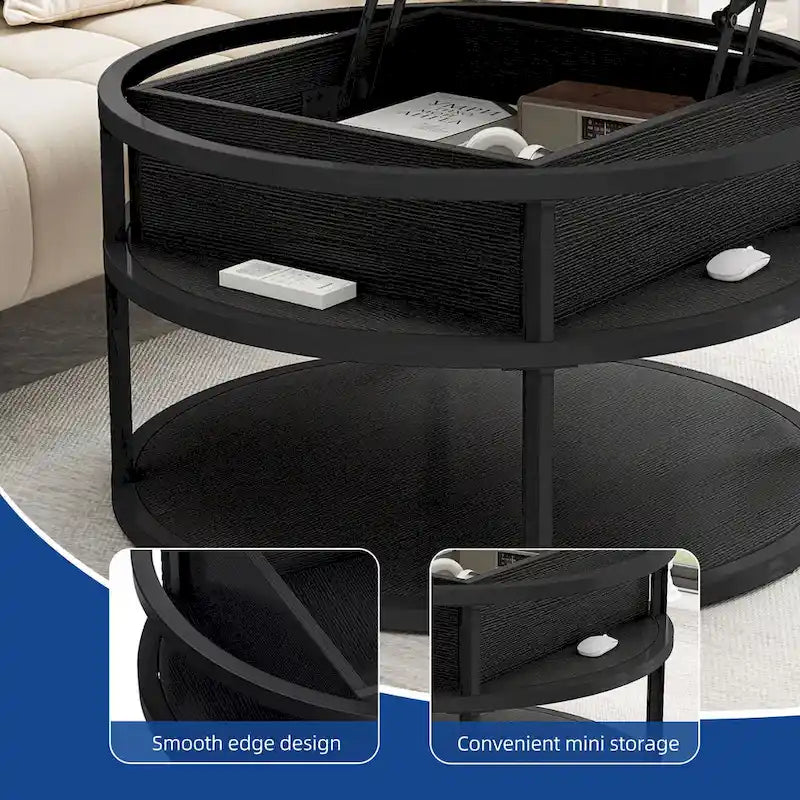Mesa de centro redonda elevable Moasis Farmhouse con almacenamiento oculto y estante