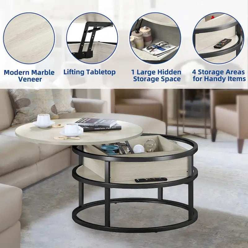 Mesa de centro redonda elevable Moasis Farmhouse con almacenamiento oculto y estante