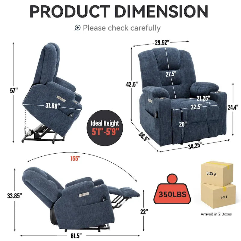 Sillón reclinable Power Lift con masaje y calor, reclinables anchos Lazy Boy extragrandes con USB, puertos tipo C y 2 portavasos de acero