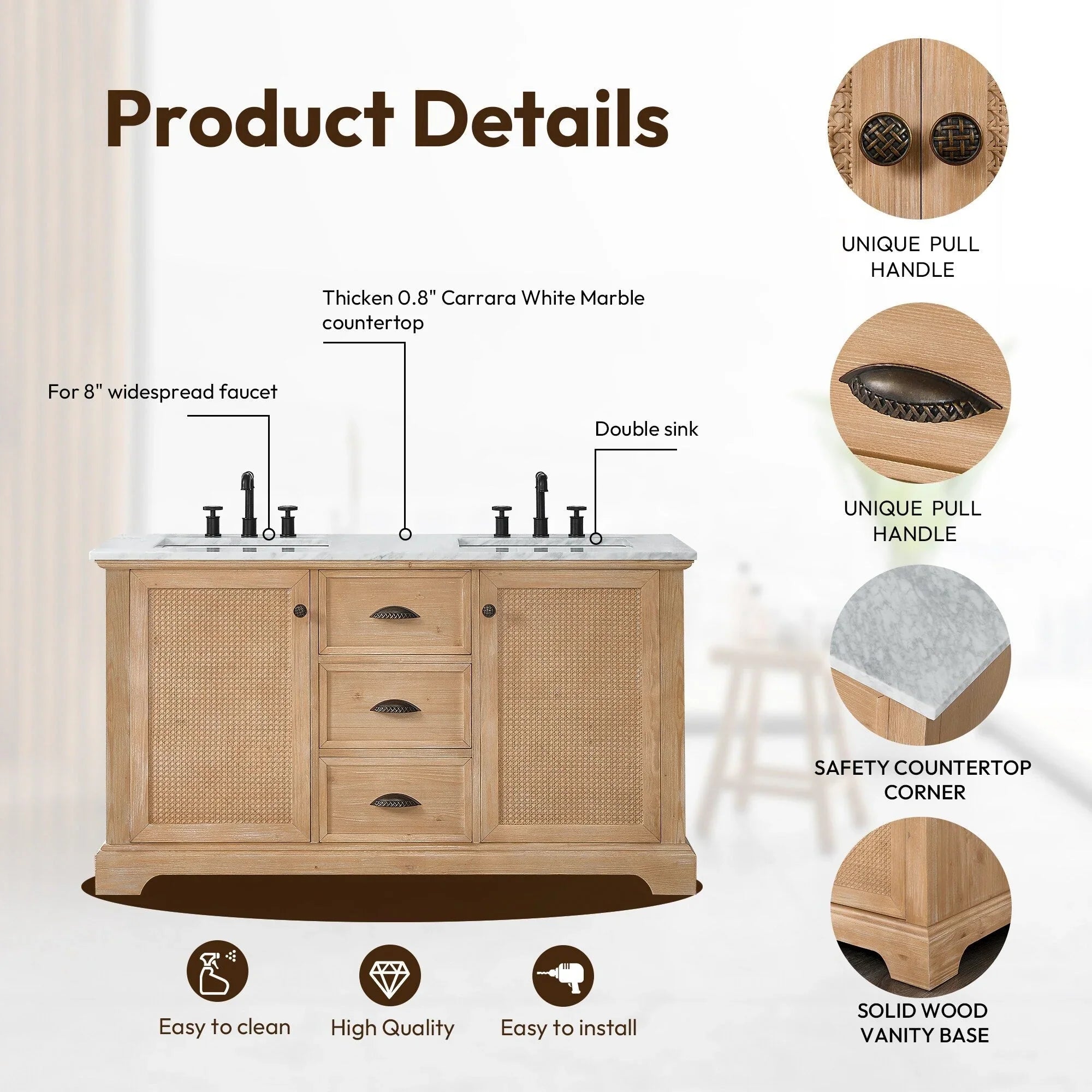 Mueble de baño Hervas con encimera de mármol natural sin espejo