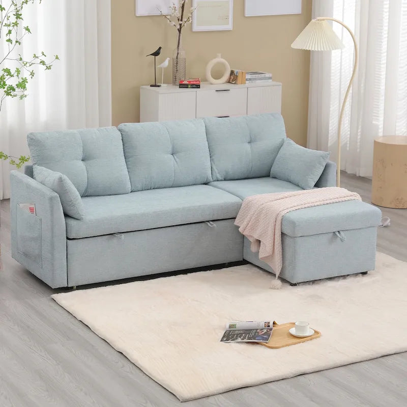 Sofá seccional de chenilla/pana tapizado en forma de L con almacenamiento y chaise reversible con bolsillo lateral