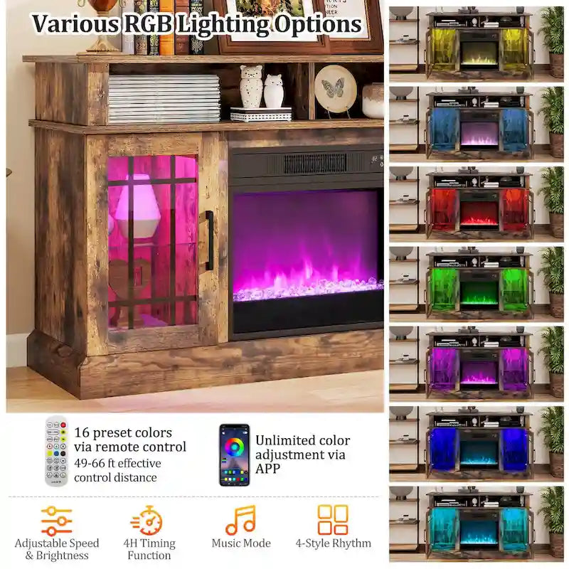 Mueble para TV con chimenea eléctrica, luces LED y mandos a distancia