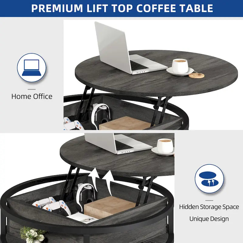 Mesa de centro redonda elevable Moasis Farmhouse con almacenamiento oculto y estante