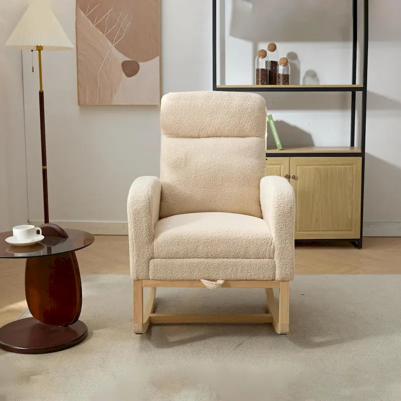 Moderna mecedora tapizada de respaldo alto de 29.5" con patas de madera maciza y reposapiés ajustable