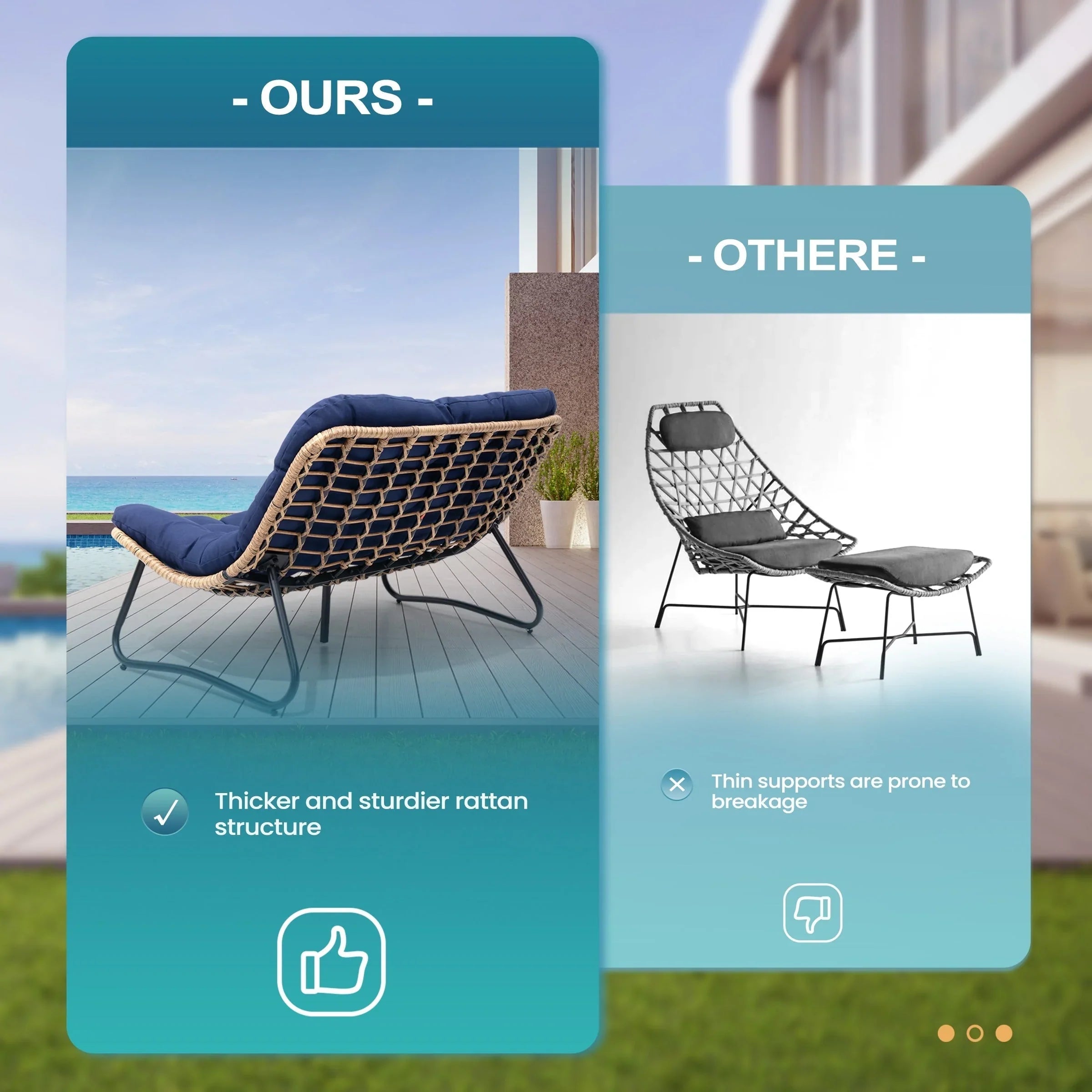 Sofá biplaza doble Papasan con cojín, ratán PE para todo tipo de clima y estructura metálica para interior/exterior