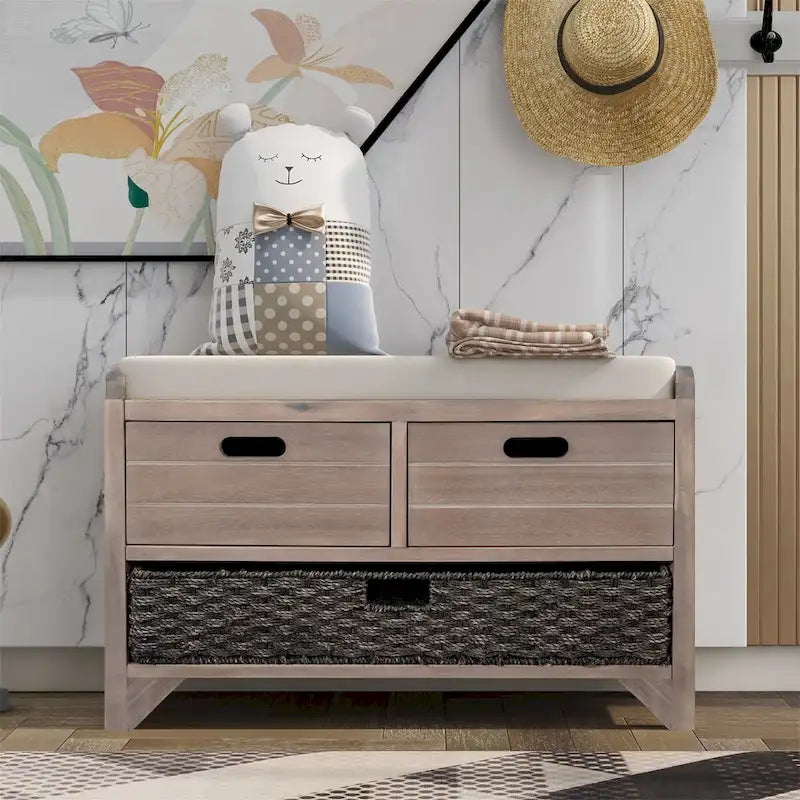 Banco de almacenamiento de madera con 2 cestas tejidas