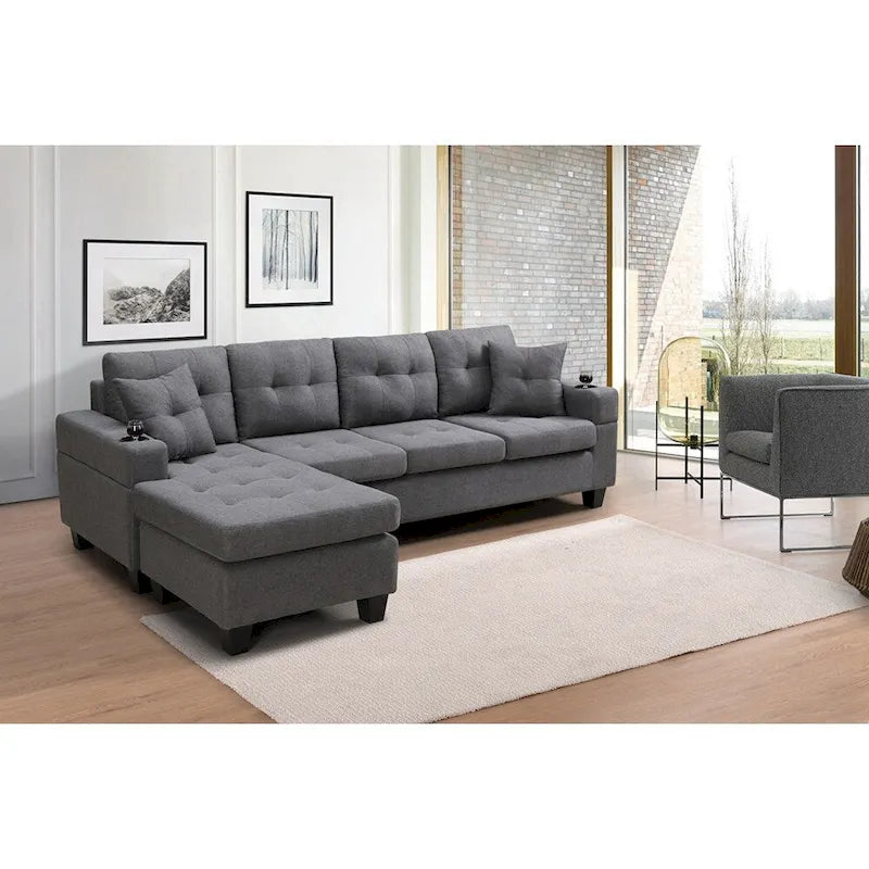 Sofá Seccional para Sala de Estar con Chaise Longue en Forma de L y portavasos