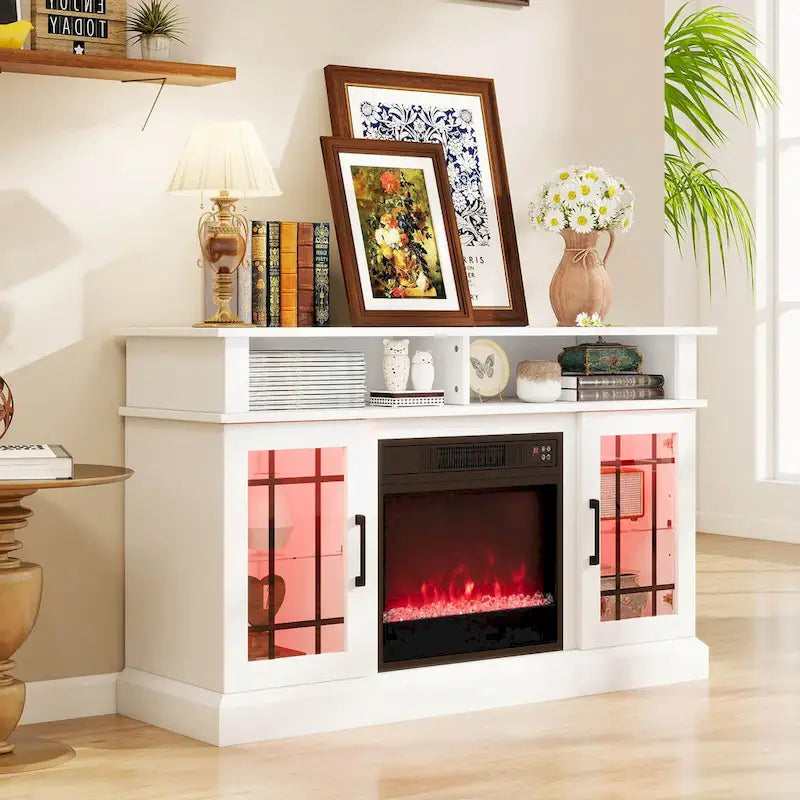 Mueble para TV con chimenea eléctrica, luces LED y mandos a distancia