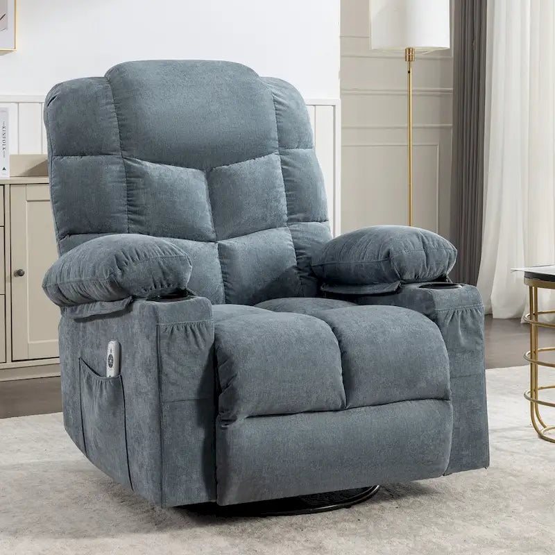Reclinable extragrande gris con calor y masaje, reclinación de 150°, balanceo de 30°, carga USB y 2 portavasos