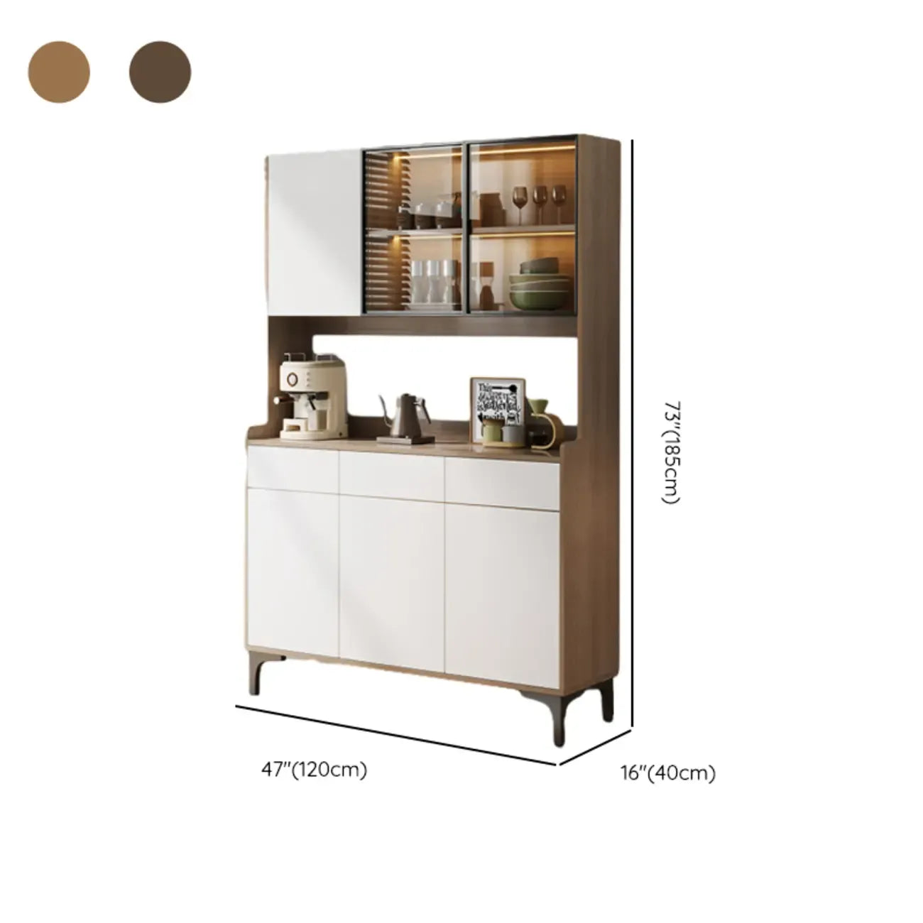 Aparador grande de madera con puertas de cristal y vitrina superior