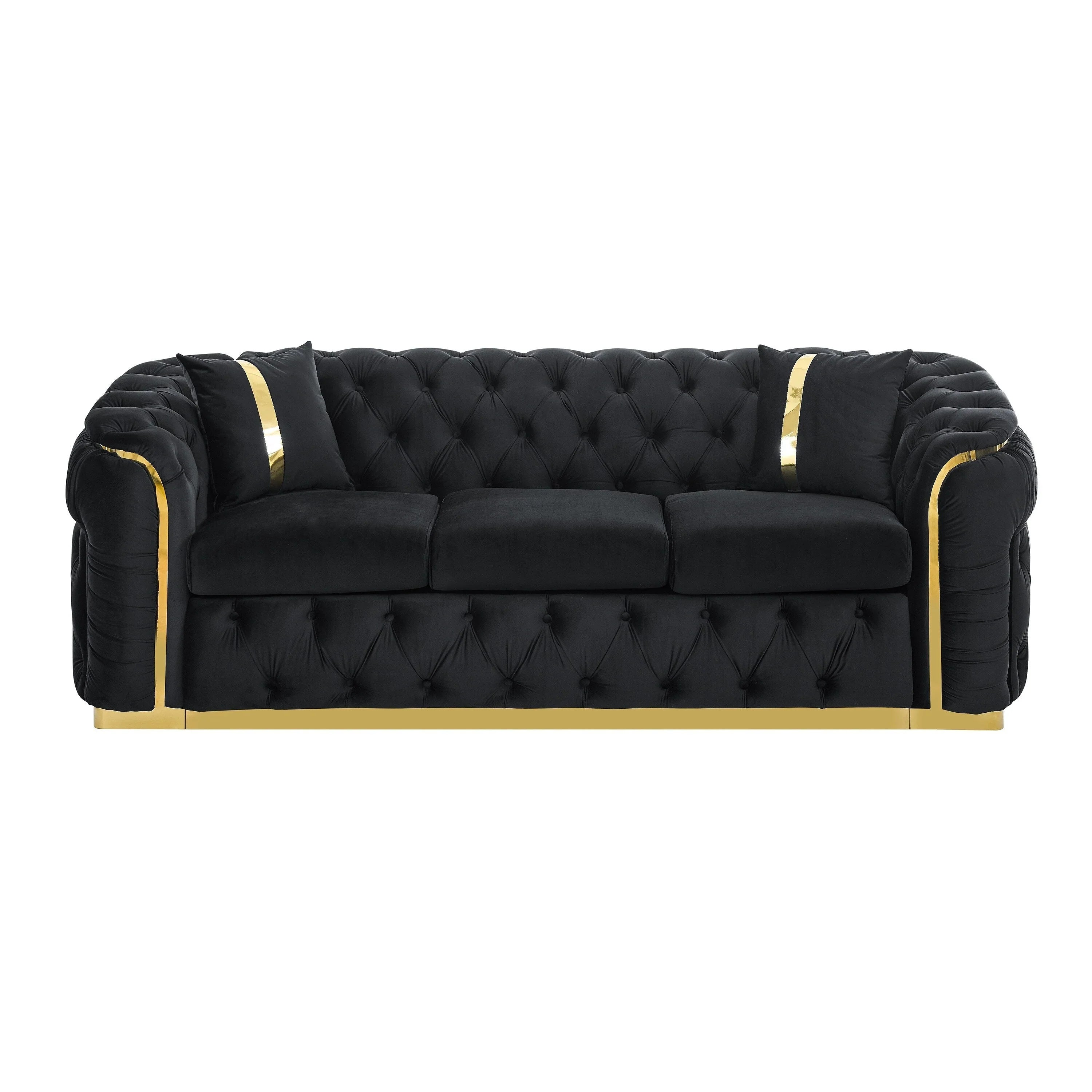 Sofá de 3 plazas Velvet de 90.6 con 2 cojines, cojines de alta densidad, detalles dorados y almohadas