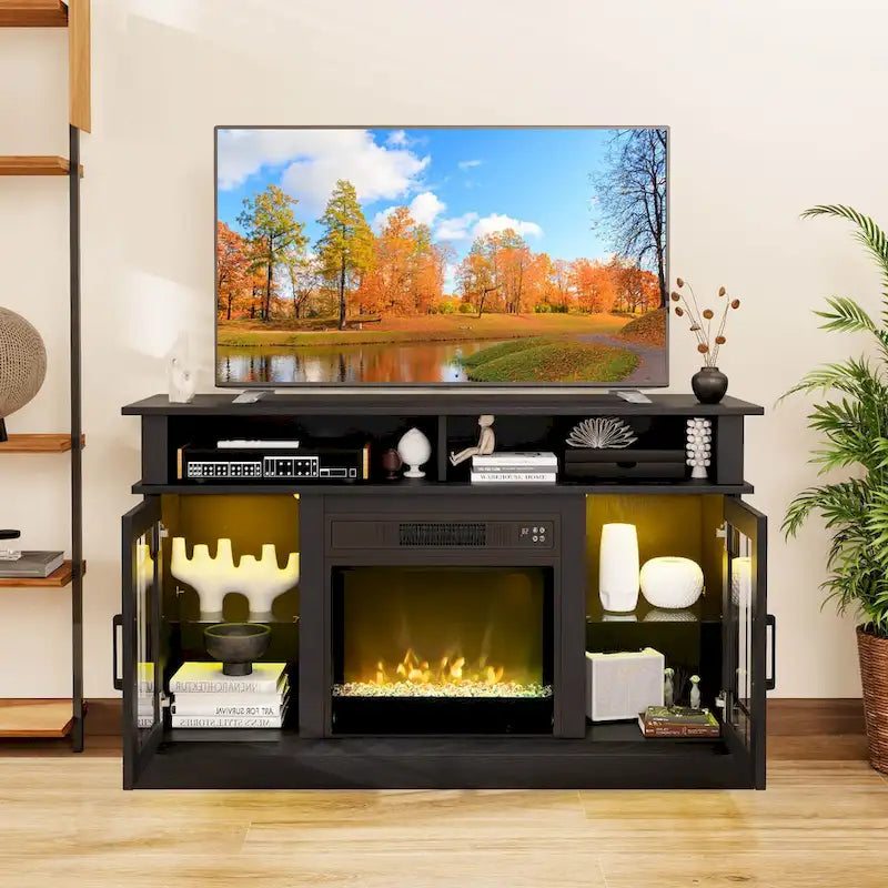 Mueble para TV con chimenea eléctrica, luces LED y mandos a distancia