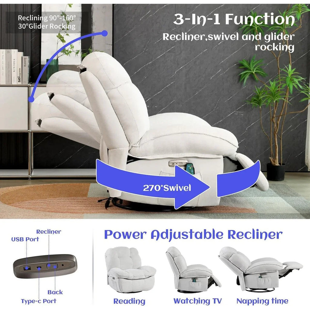 XINMICS Sillón Reclinable Eléctrico Giratorio, Sillones Reclinables Mecedora con Masaje y Calefacción, USB, USB-C y Bolsillo Lateral