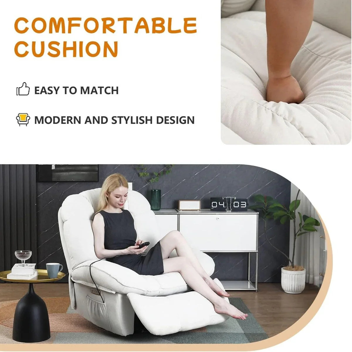 XINMICS Sillón Reclinable Eléctrico Giratorio, Sillones Reclinables Mecedora con Masaje y Calefacción, USB, USB-C y Bolsillo Lateral