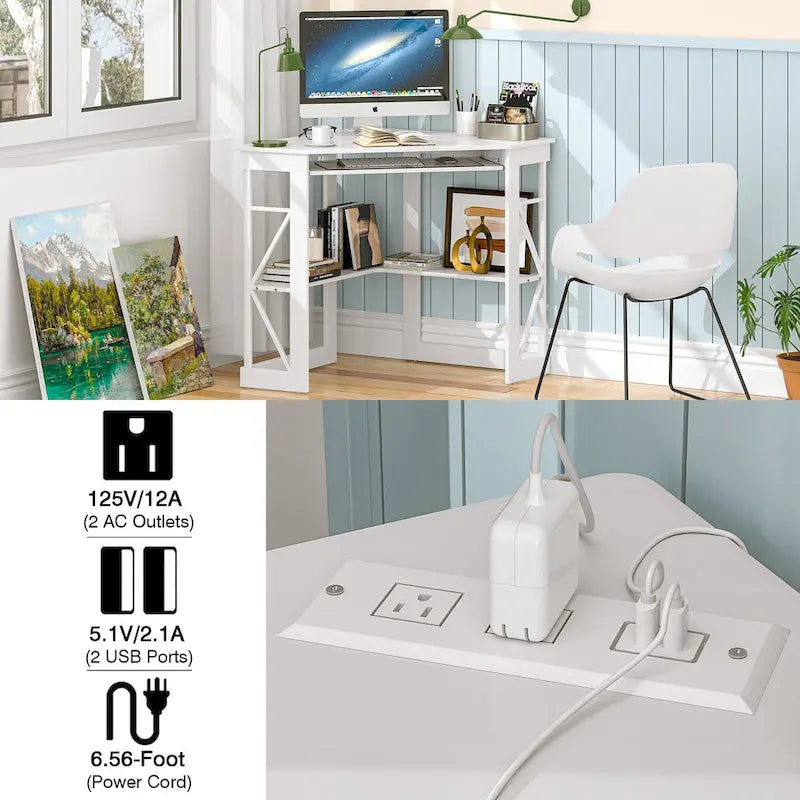 Escritorio de esquina, escritorio pequeño con enchufes, mesa de esquina para espacios pequeños, escritorio de computadora con puertos USB, escritorio triangular con almacenamiento