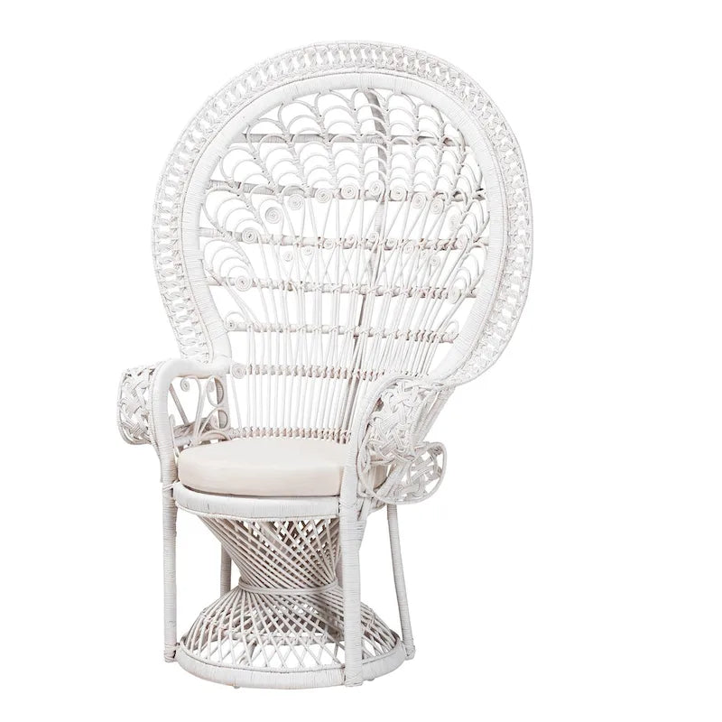 Silla pavo real moderna de mimbre natural blanco bohemio