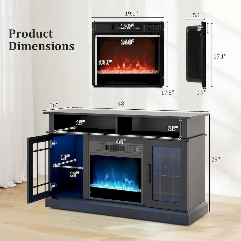 Mueble para TV con chimenea eléctrica, luces LED y mandos a distancia