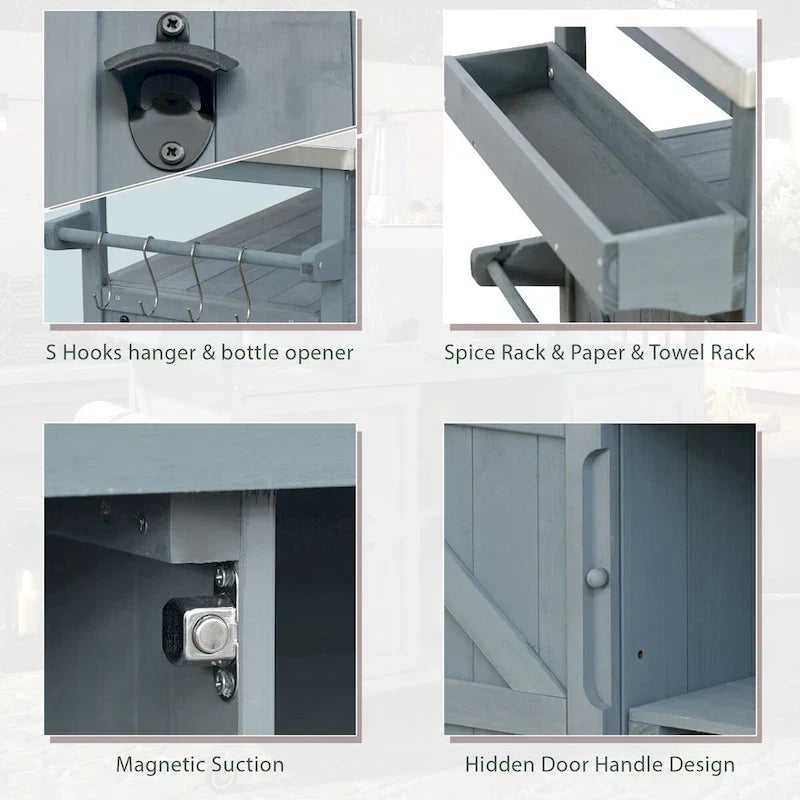 Isla de cocina exterior, carrito de bar con ruedas y armario de almacenamiento, mesa de parrilla de madera maciza con parte superior de acero inoxidable, especiero, toallero