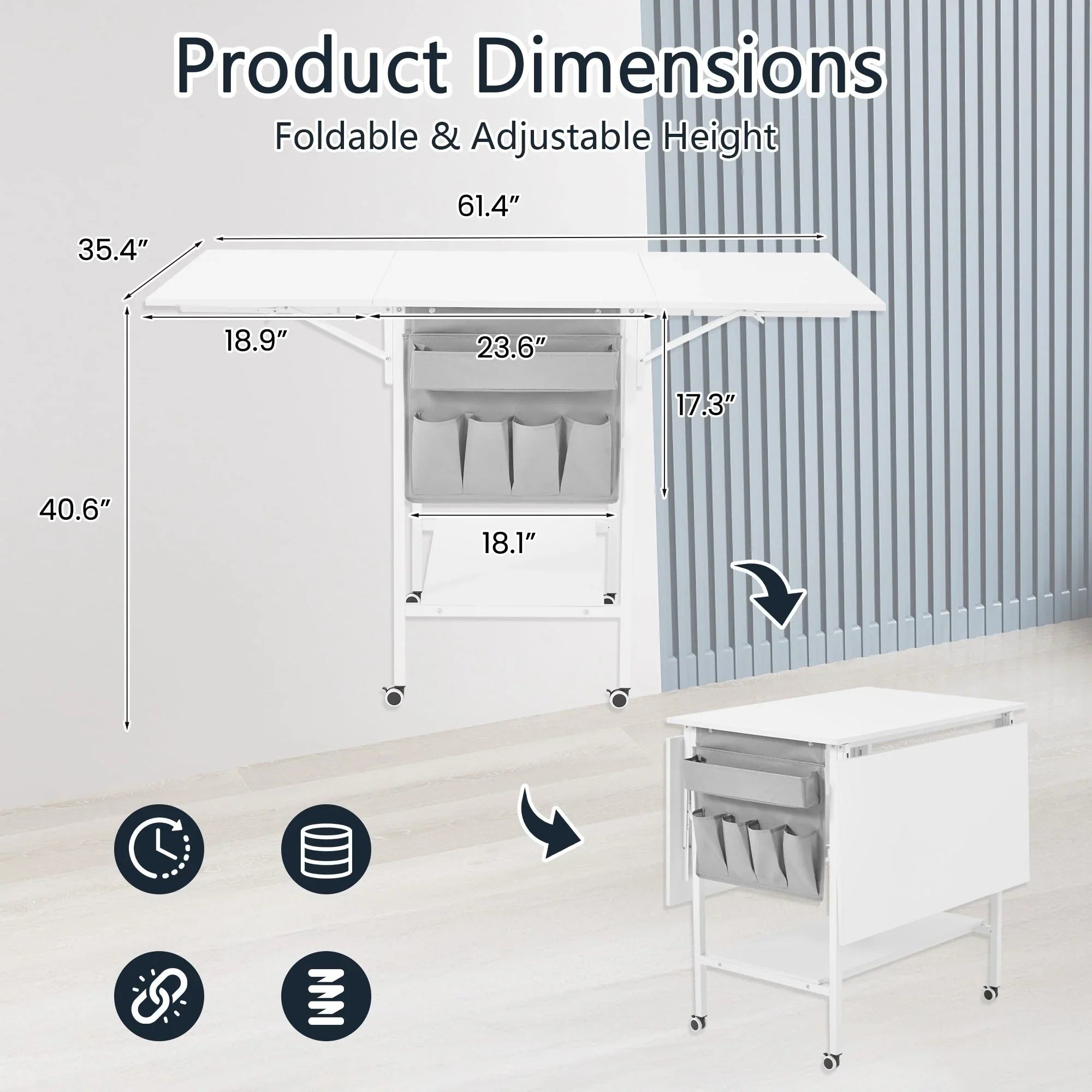 Mesa de manualidades ajustable en altura con estantes de almacenamiento, mesa de corte plegable móvil para oficina en casa, sala de costura, sala de manualidades