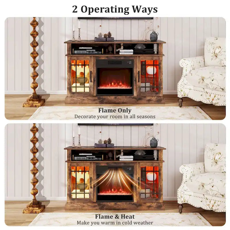 Mueble para TV con chimenea eléctrica, luces LED y mandos a distancia