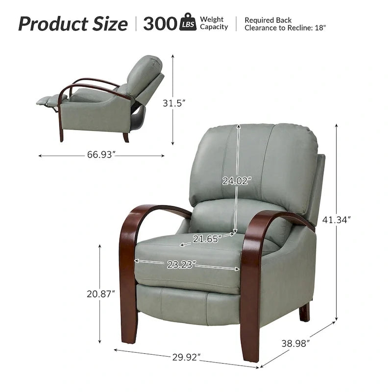 Sofá reclinable manual Alex Mid-century Modern Cigar de cuero genuino con brazos curvos de madera