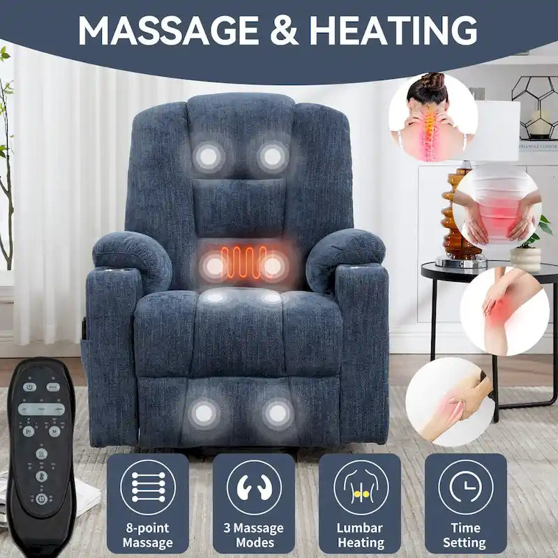 Sillón reclinable Power Lift con masaje y calor, reclinables anchos Lazy Boy extragrandes con USB, puertos tipo C y 2 portavasos de acero